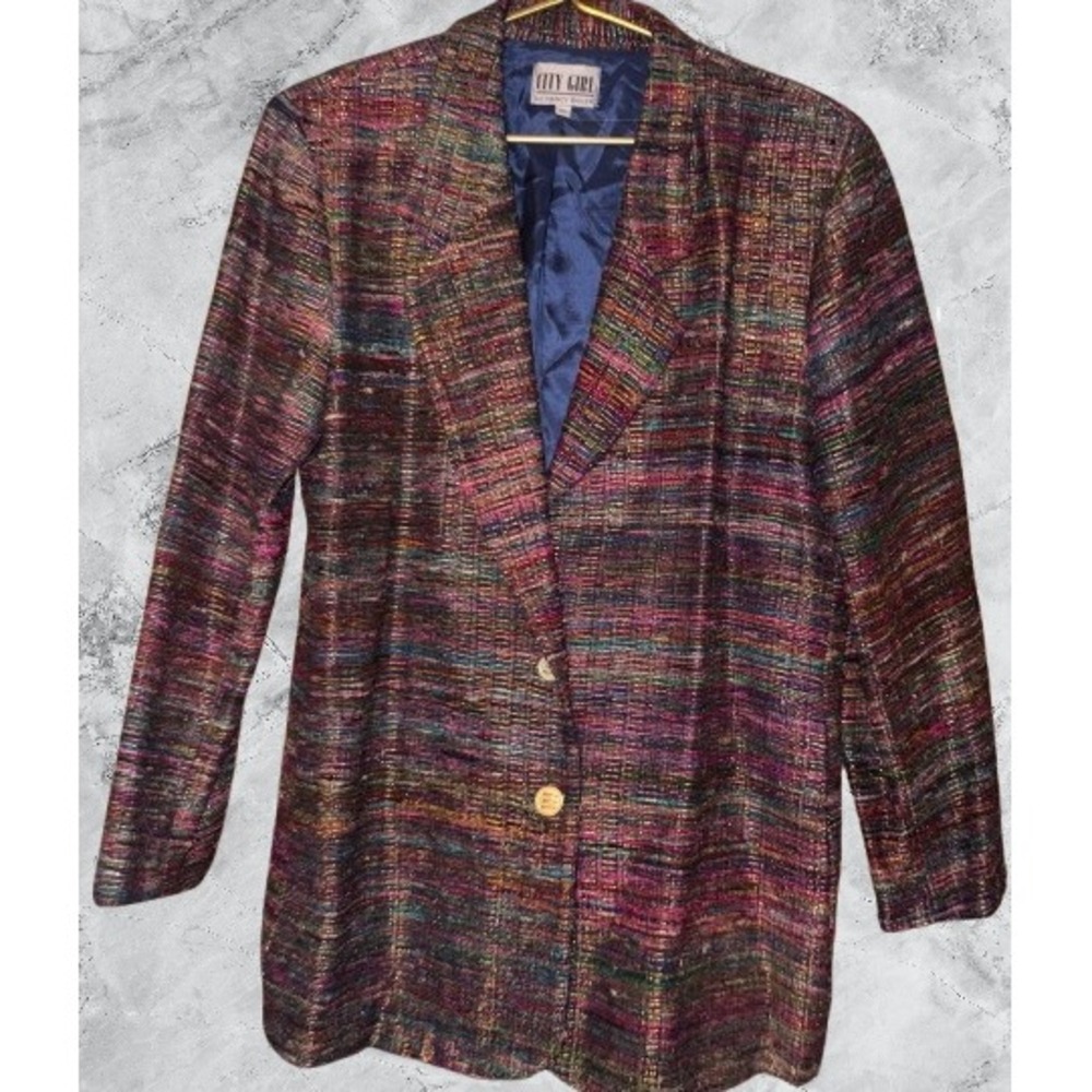 City Girl Nancy Bolen Vintage Silk Lurex Metallic Blazer Multi Color Size 16